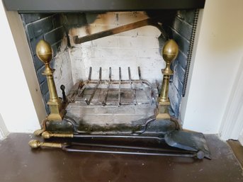 Antique Brass & Wrought Iron Fireplace Andirons & Set Of Tools