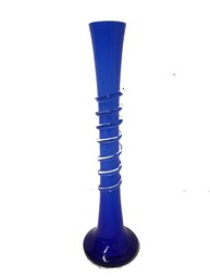 12' Hand Blown Cobalt Cased Blue Art Glass Vase With Applied Spiral Swirl