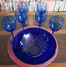 Vintage Cobalt Blue Bowl And Six Luminarc Wine Glasses