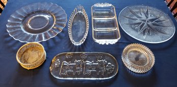 Four Glass Platters, Wine Bottle Holders & Sectioned Glass Serving Dish