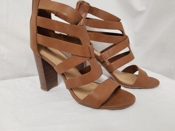 Just Fab Ynez Cognac Size 10 Ladies Strappy High Heel Wood Stack Sandals