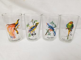 Four 1970s Pasari 8oz Juice Glasses With Painted Birds