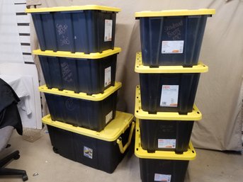 Eight HDX & Sterilite 27 & 40 Gallon Black Bins With Yellow Lids - Lot #1