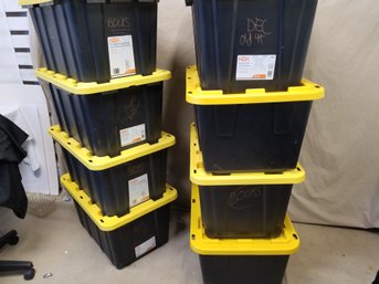 Eight HDX & Sterilite 27 & 40 Gallon Black Bins With Yellow Lids - Lot #2