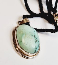 New Sterling Silver Large Turquoise Color  Stone Pendant And Rope Necklace