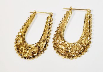 Amazingly Sparkling 14k Yellow Gold Vintage Ornate  Horse Shoe Hoop Earrings (TW: 4.8g)