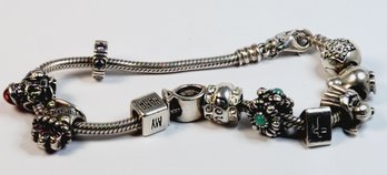 Sterling Silver Charm Bracelet Pandora Like O With Crown Logo- Lots Of Charms