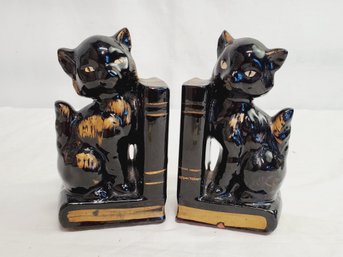 Pair Of Vintage Black Glazed Redware Pottery Whimsical Cat Bookends