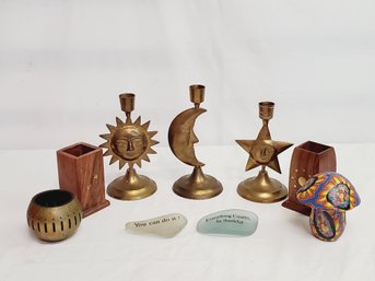 Great Lot Of Brass Moon Sun Star Candle Holders, Brass Votive Cup, Wood Brass Inlaid Vases & More