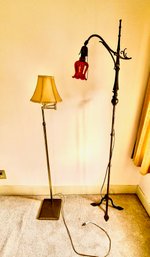 Antique Standing Lamps One With Romantic Tulip Shaped Pink Glass The Other With Brass Base