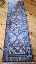 Very Vintage Hand-knotted Kazak? Tribal Runner With Blues/pinks