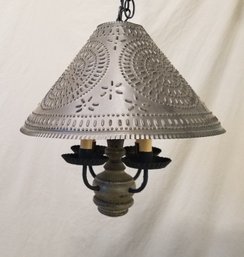 Rustic Country Wood Spun 4-arm Pendant Light With Punched Tin Shade