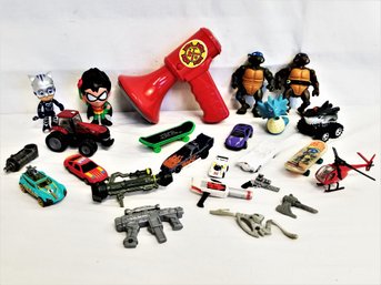 Children's Toy Box Lot: Ninja Turtles, Matchbox Cars, Fire Department Bullhorn And More