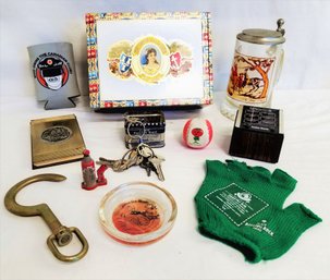 Men's Vintage Bar And Junk Drawer Lot: Block And Tackle Hook, Lighter, Cigar Box, Beer Stein And More