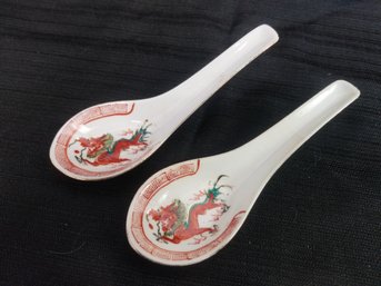 Vintage Chinese Porcelain Red Dragon Themed Spoons