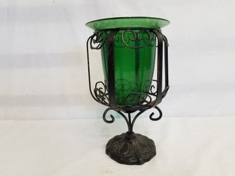 Vintage Green Glass Vase In Black Wrought Metal Holder