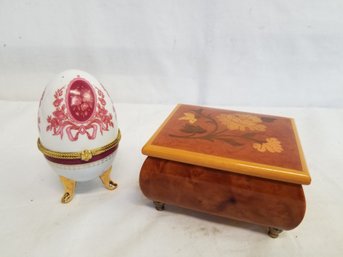 Vintage Sorrento Reuge Wood Music Box Made In Italy And Porcelain Keepsake Egg