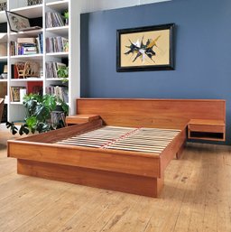 Queen Danish Teak Floating Nighstand Platform Bed