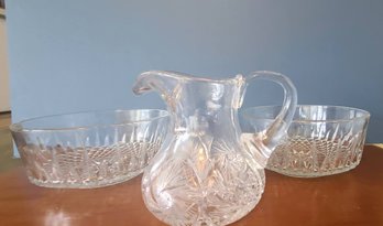 Arcoroc Of France Glass Bowls Paired With Crystal Pitcher - Unsigned Waterford