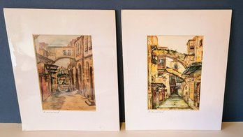 Pair Of Judaica Paintings On Silk With City Scenes Of Isreal