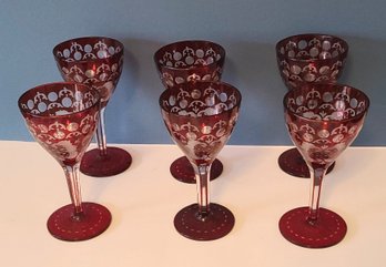 Set Of Six Early 20th Century Bohemian Etched Ruby Glass