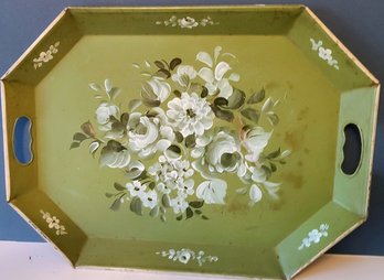 Vintage Green Tole Tray With Flowers