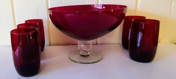 Ruby Red Footed Punch Bowl And Five Glasses