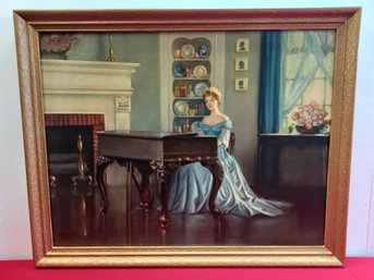 Framed Print Of A Women Sitting At Piano In Blue Dress