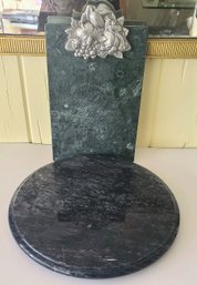 Two Marble Cheese Boards, Blk/Grey/White Round And Dark Green Rectangular With Silver Grape Accent