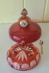 Antique Bohemain Handpainted Perfume Bottle Paired With Hungarian Ruby Red Footed Nut Dish & Pink Glass Bowl