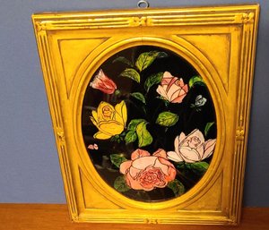 Beautiful!! , Glass Floral Painting, In Illustrious Gold Frame - Photo Doesn't Do This One Justice!