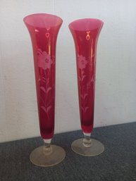 Pair Of Cranberry Bud Vases