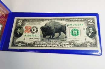 Commemorative UNC $2  Bank Note 'American Bison' Colorized Bill In Folder With Info