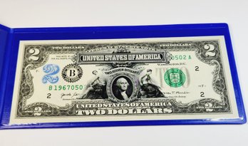 Commemorative UNC $2 Bank Note 'George Washington ' Colorized Bill In Folder With Info