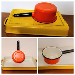 MCM Enamel And Ironstone Copco Yellow Roasting Pan, And MCM Burnt Orange Pot