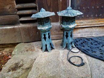 Pair Japanese Pagoda Garden Outdoor Electric Lights Weathered Metal