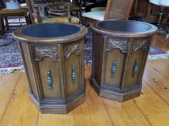 Vintage Mid Century Modern Round Wood End Tables With Slate Insert Top, Storage Side Tables