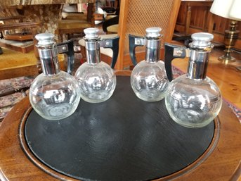 Vintage MCM Set Of Four Glass With Silver Leaf Mini Carafes With Cork Stoppers