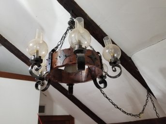 Vintage 6-light Wrought Iron And Wood Chandelier