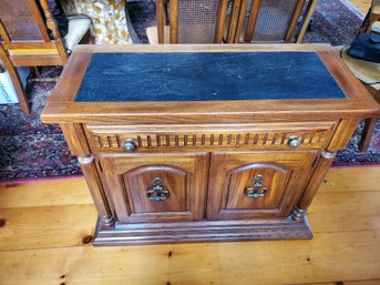 Handsome Vintage Broyhill Small Wood & Slate Top Buffet Sideboard Server