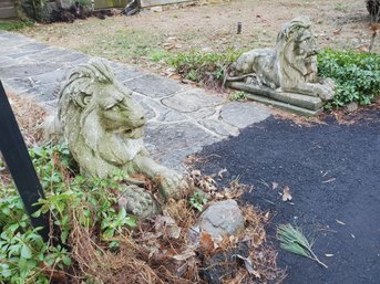 Pair Of English 20th Century Cast Stone Recumbent Lion Yard Statuary With Patina - SEE DESCRIPTION