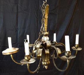 Nice 6 Arm Brass And Tin Feather Style Chandelier