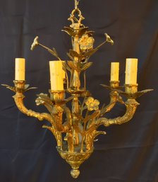 Small Bronze 5 Arm Chandelier With Floral Motif