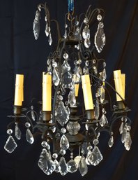 Bronze And Crystal Mid 20th Century Unique French 9 Arm Chandelier