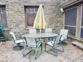 Tropitone Oval Glass Topped Green Oval Patio Set With Six Chairs & Vintage Retro Umbrella