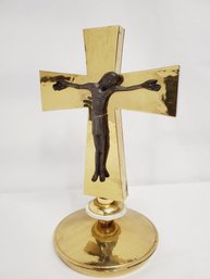 Vintage Solid Brass Contemporary Styled Standing Crucifix - Made In Switzerland