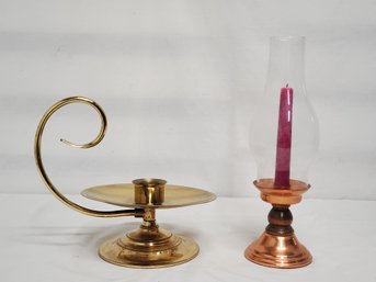 Vintage Baldwin Brass Candle Holder & Coppercraft Guild Copper Small Hurricane Lamp