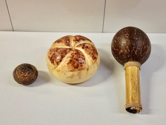 Raymor Mancer Italian Bread Bowl, Pottery Owl Salt, Indonesian Maraca