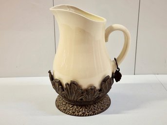 GG Collection Cream Stoneware Pitcher In Metal Base