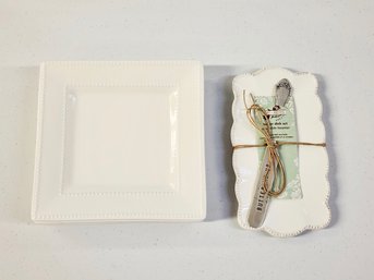 White Square Dessert Plates (4) And A Butter Dish With Knife